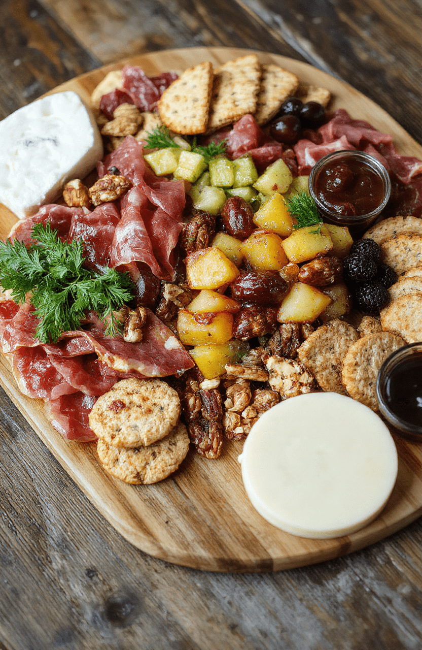 A vibrant charcuterie board featuring an assortment of cheeses, cured meats, fresh fruits, nuts, and crackers, artistically arranged on a rustic wooden platter. The colors are rich with reds, yellows, and greens, with textures from creamy cheeses to crunchy nuts, styled with small bowls of spreads and jams, creating an inviting and artisanal presentation.