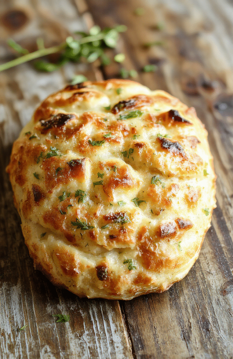 A warm, golden-brown focaccia bread topped with fresh rosemary and garlic slices, drizzled with olive oil, served on a rustic wooden board. The bread has a fluffy, airy texture with a slightly crisp crust, garnished with herbs and seasoning, styled with a simple, elegant presentation