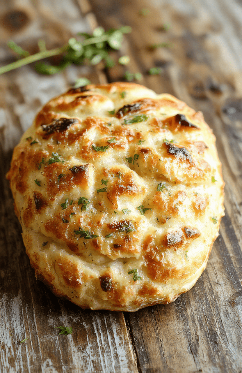 A warm, golden-brown focaccia bread topped with fresh rosemary and garlic slices, drizzled with olive oil, served on a rustic wooden board. The bread has a fluffy, airy texture with a slightly crisp crust, garnished with herbs and seasoning, styled with a simple, elegant presentation