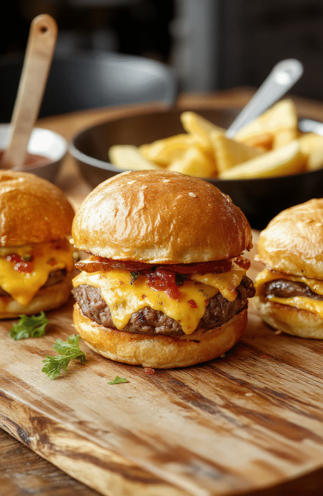 Colorful cheeseburger sliders arranged on a rustic wooden platter with glossy buns, melted cheese, fresh lettuce, tomato slices, and pickles, all styled with a casual, inviting presentation that emphasizes texture and vibrant colors.