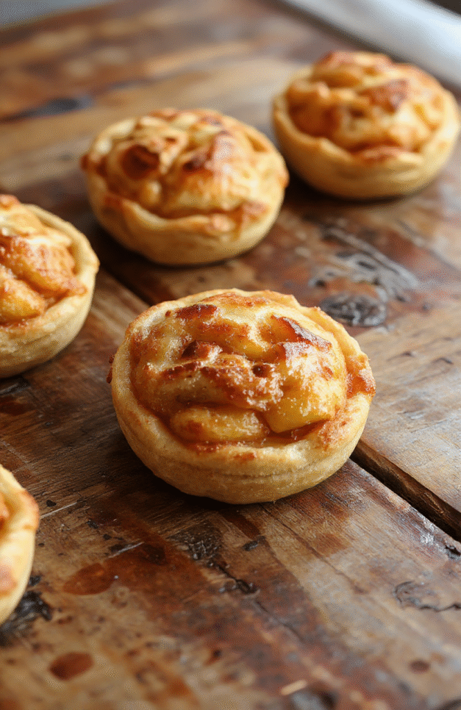 Colorful mini apple pies neatly arranged on a white plate, golden-brown crust with a crispy texture, filled with tender cinnamon-spiced apple slices, garnished with a dusting of powdered sugar, styled on a rustic wooden table with seasonal autumn leaves nearby.
