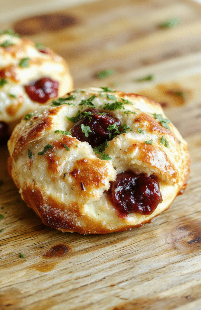 A golden-brown crescent ring filled with cooked turkey, vibrant cranberry sauce, melted cheese, garnished with fresh herbs, displayed on a rustic wooden board with festive decorations around, showcasing textures from flaky pastry to juicy turkey and glossy cranberries.