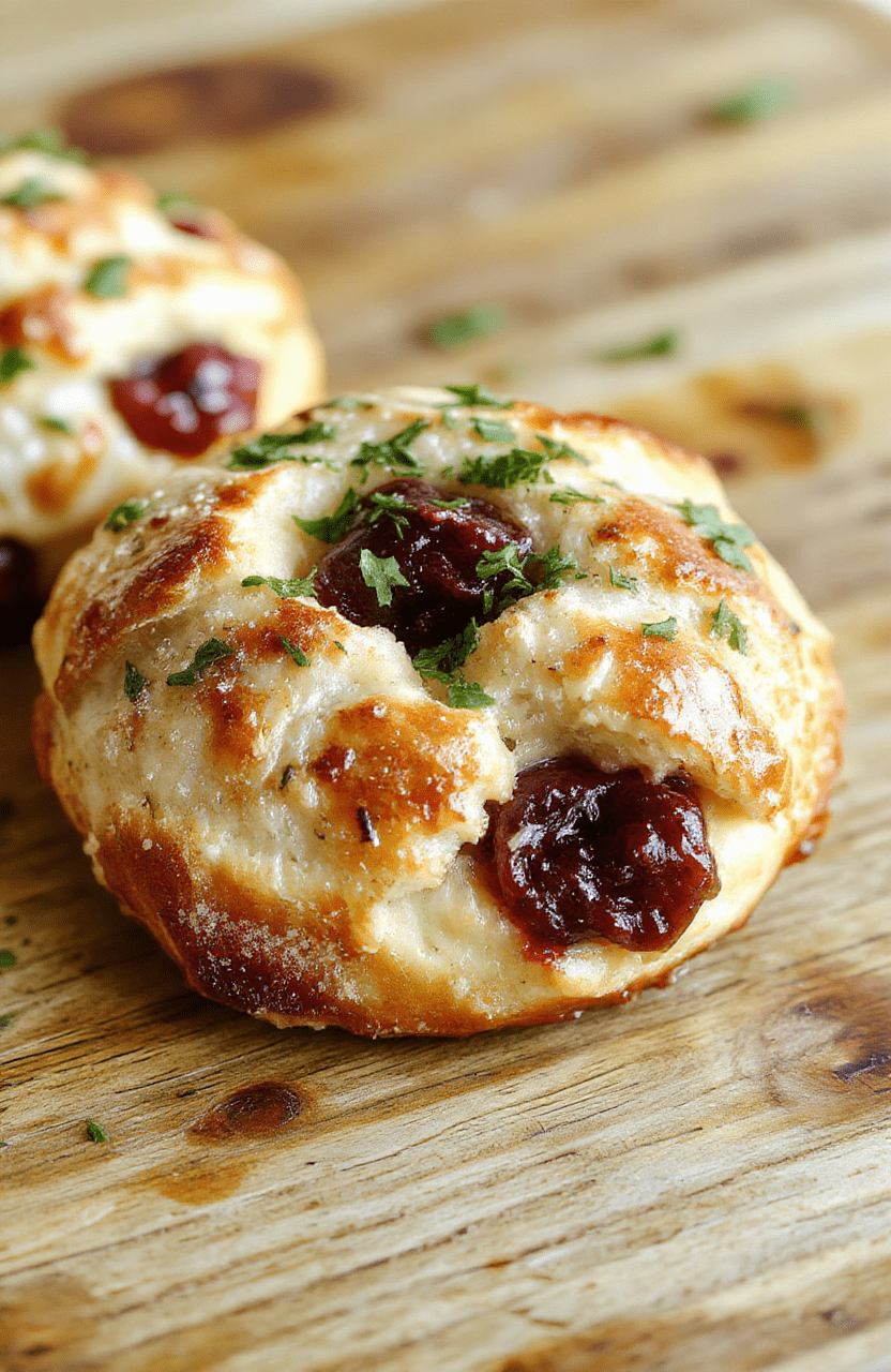 A golden-brown crescent ring filled with cooked turkey, vibrant cranberry sauce, melted cheese, garnished with fresh herbs, displayed on a rustic wooden board with festive decorations around, showcasing textures from flaky pastry to juicy turkey and glossy cranberries.