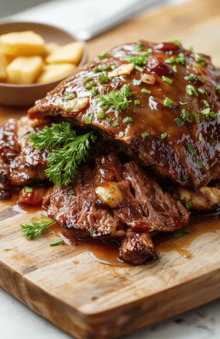 A beautifully glazed honey baked beef roast with a golden-brown crust, sliced to reveal tender juicy meat inside. The dish is garnished with sprigs of fresh herbs and served on a rustic wooden platter, with a glossy honey glaze reflecting soft natural light. The textures of crispy edges and moist center create an inviting, festive presentation, perfect for a holiday centerpiece.