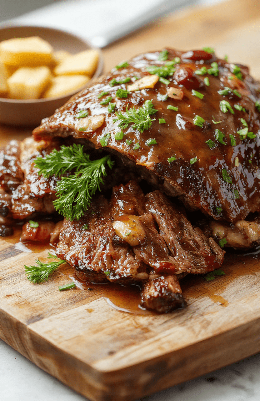 A beautifully glazed honey baked beef roast with a golden-brown crust, sliced to reveal tender juicy meat inside. The dish is garnished with sprigs of fresh herbs and served on a rustic wooden platter, with a glossy honey glaze reflecting soft natural light. The textures of crispy edges and moist center create an inviting, festive presentation, perfect for a holiday centerpiece.