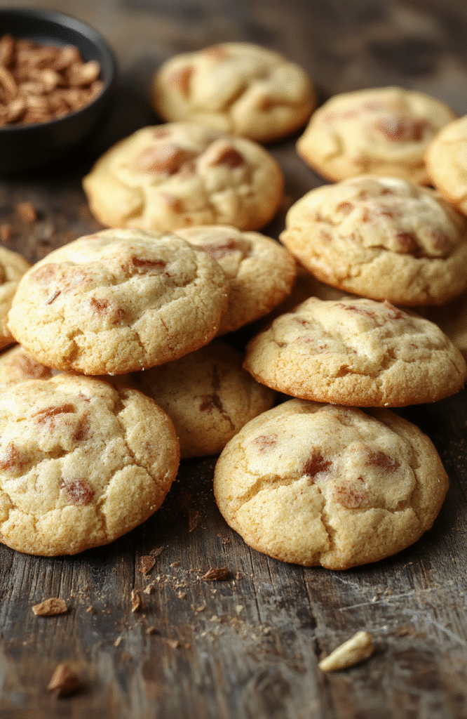 A close-up of golden-brown, soft and chewy snickerdoodles arranged on a rustic wooden plate, dusted with cinnamon sugar, with a lightly cracked surface showing a tender interior, styled casually with a background of cinnamon sticks and vanilla beans for a warm, inviting look.