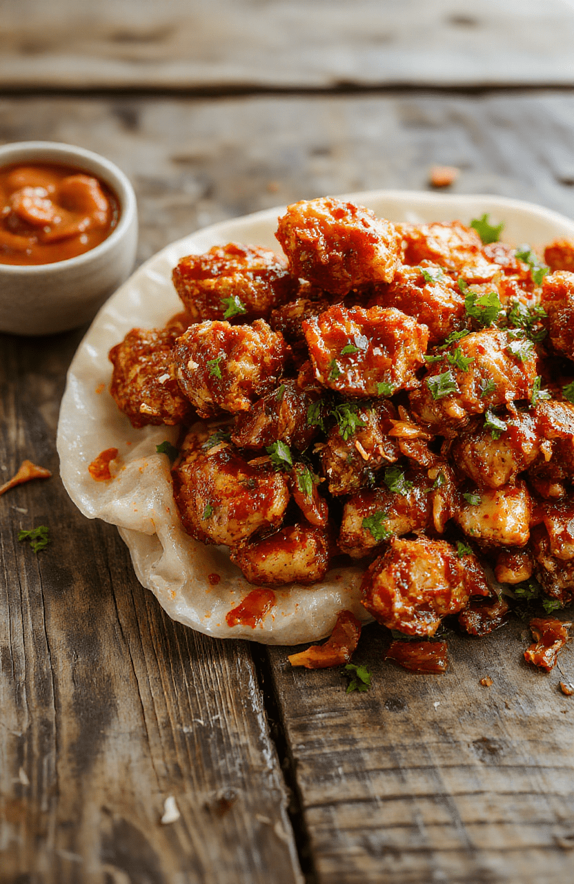 Bright orange and red glazed chicken pieces on a white plate, garnished with chopped green onions, sesame seeds, and red chili flakes, arranged with crispy edges and glossy sauce, styled on a rustic wooden table with natural light highlighting textures and colors.