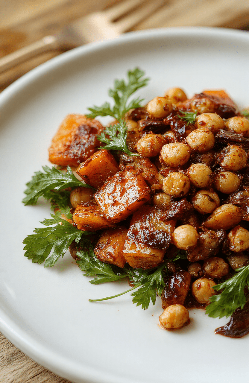 Vivid orange roasted carrots garnished with crispy golden chickpeas, glazed with spices, served on a rustic white plate, styled with fresh herbs, highlighting textures and vibrant colors.