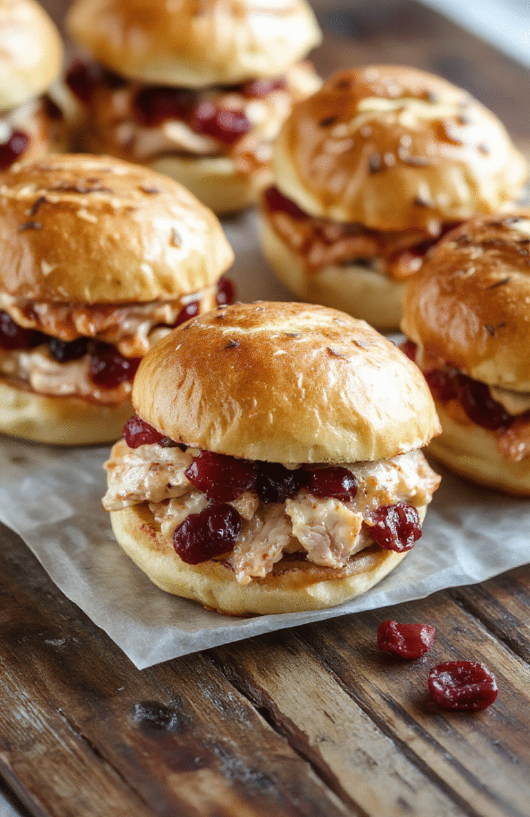 A close-up of turkey cranberry sliders arranged on a rustic wooden platter, featuring golden-brown slider buns, vibrant red cranberry sauce, tender turkey slices, and melted cheese, styled with sprigs of fresh herbs and a festive backdrop that complements the holiday theme.