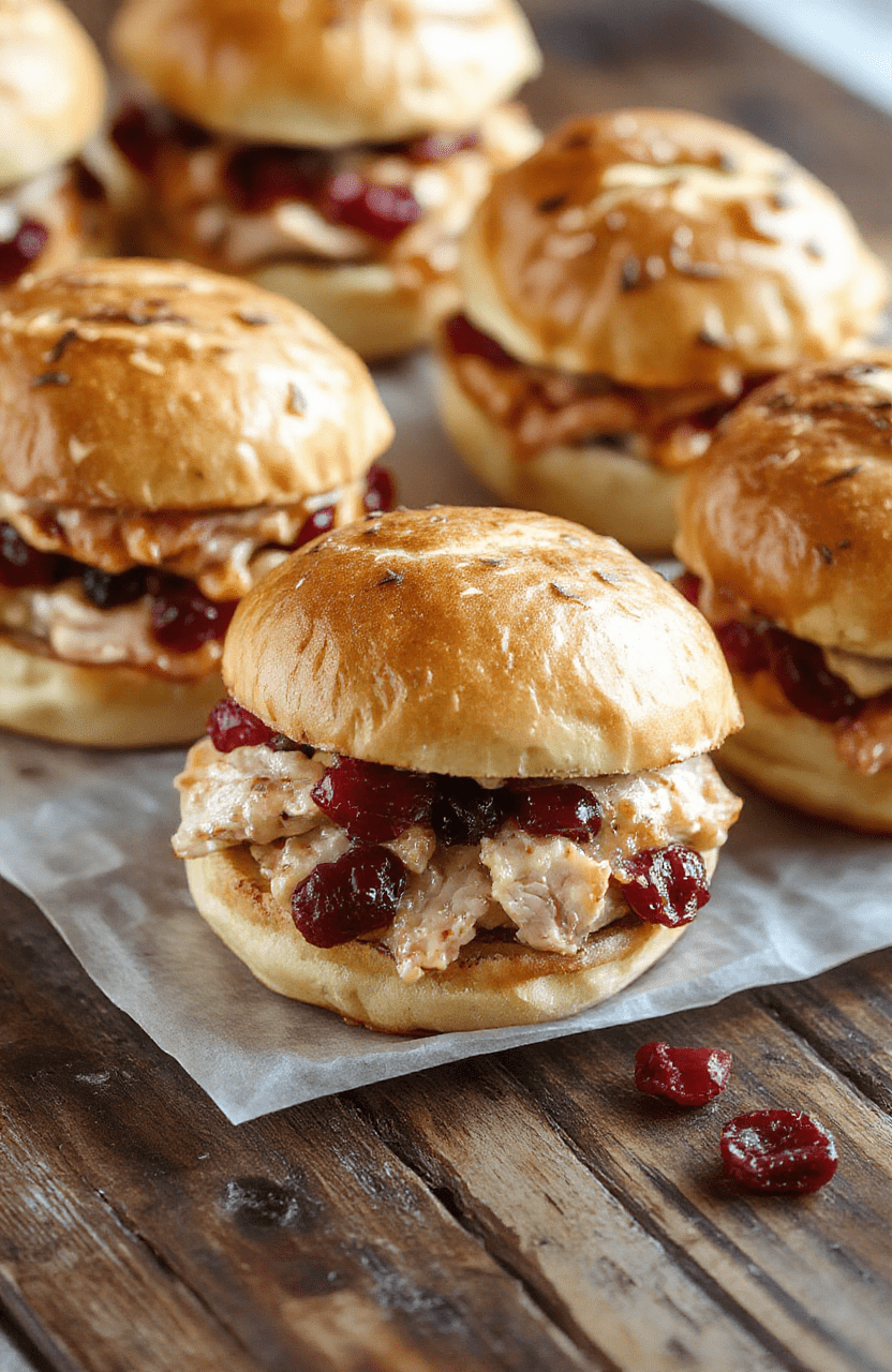 A close-up of turkey cranberry sliders arranged on a rustic wooden platter, featuring golden-brown slider buns, vibrant red cranberry sauce, tender turkey slices, and melted cheese, styled with sprigs of fresh herbs and a festive backdrop that complements the holiday theme.