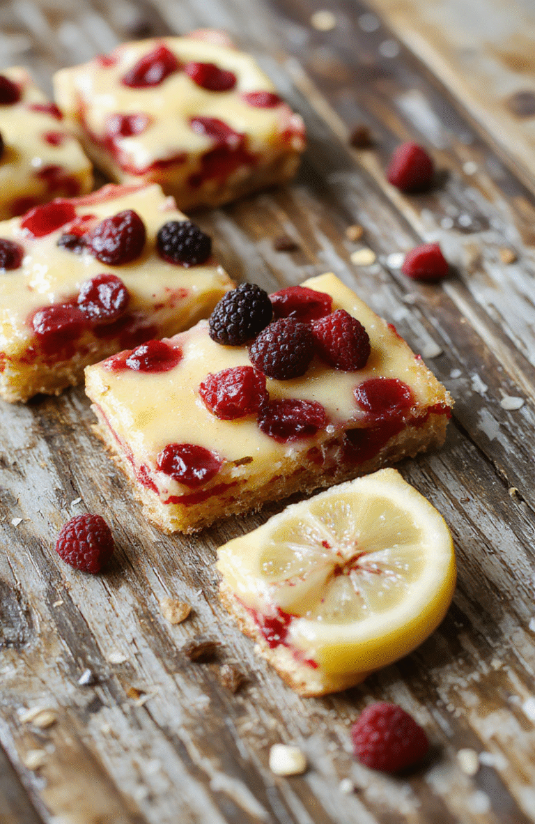 Bright yellow lemon bars topped with vibrant red cranberries on a white plate, dusted with powdered sugar, with a glossy lemon glaze, styled simply with a blue napkin on a rustic wooden table.