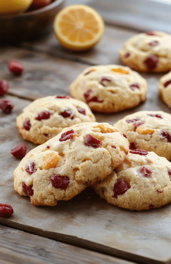 Colorful orange cranberry cookies with zest and dried cranberries, arranged on a white plate with a sprinkle of powdered sugar, natural light highlighting their textured surface, styled simply with a soft background to emphasize the vibrant oranges and reds.