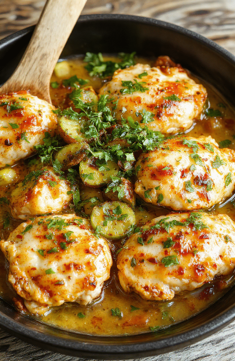 A vibrant skillet filled with golden-brown chicken breasts topped with sliced green pepperoncini peppers, garnished with fresh herbs. The dish showcases crispy edges on tender chicken, surrounded by a bright and spicy sauce, with colorful peppers adding visual appeal. The skillet is rustic and inviting, set on a wooden surface with a sprig of herbs for styling.