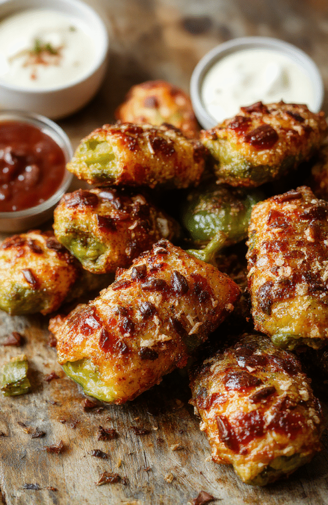 A vibrant plate of crispy air fryer jalapeño poppers with golden-brown cheese filling, garnished with fresh parsley, presented on a rustic wooden table with a bright background.