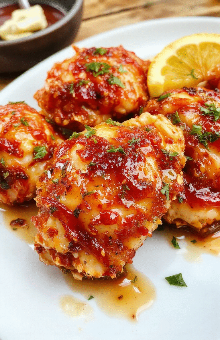 A golden-brown baked chicken breast glazed with vibrant red and amber hot honey sauce, topped with sesame seeds and sliced green onions, served on a rustic white plate with a side of crisp vegetables, styled for a cozy, inviting atmosphere.