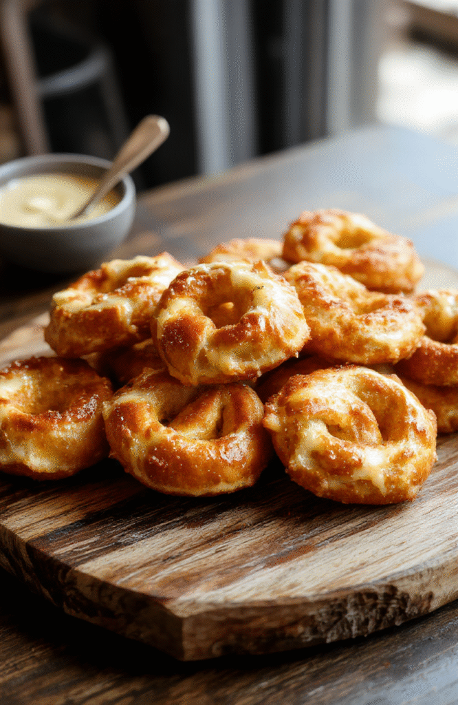 Golden-brown buttery pretzel bites arranged on a rustic wooden board, sprinkled with coarse sea salt, showing their soft, fluffy interior and shiny crust, styled with a few pieces of fresh herbs for garnish.