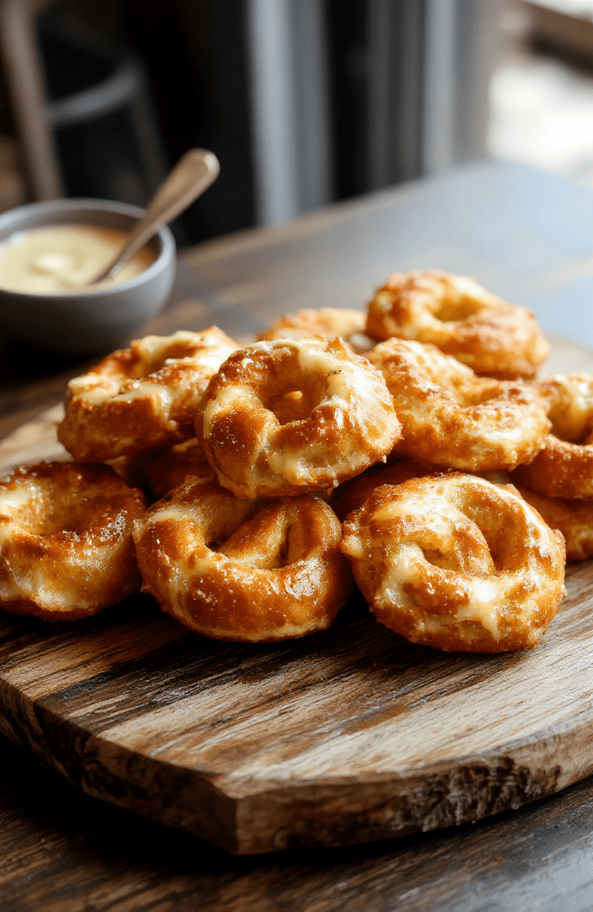Golden-brown buttery pretzel bites arranged on a rustic wooden board, sprinkled with coarse sea salt, showing their soft, fluffy interior and shiny crust, styled with a few pieces of fresh herbs for garnish.