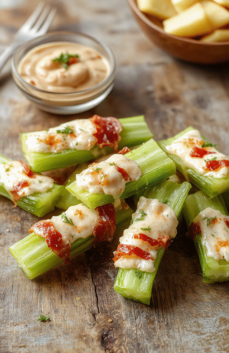Bright green celery sticks filled with creamy cheddar cheese mixture dotted with crispy bacon bits and drizzled with ranch dressing, styled simply on a white plate with a light wooden background, showcasing textures of crisp celery and melty cheese, with a hint of freshness from green herbs.