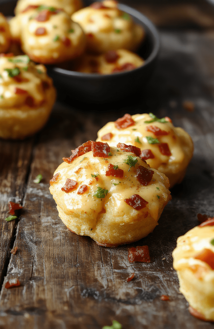 A close-up of golden crispy tater tot cups filled with melted cheese and crispy bacon bits, arranged on a rustic wooden platter with some chopped herbs for garnish, vibrant colors, and inviting textures.