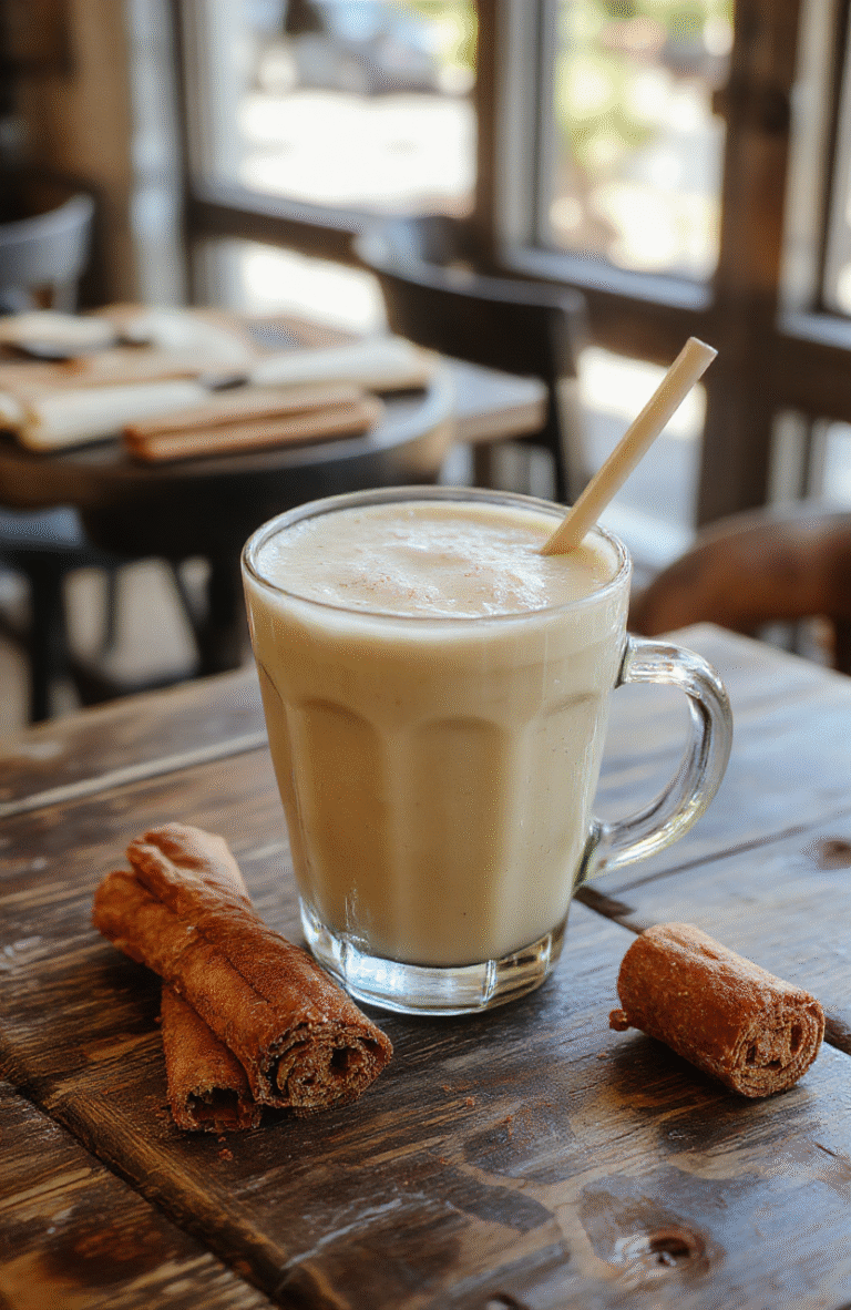 A warm, creamy vanilla cinnamon latte in a clear glass mug topped with a sprinkle of cinnamon and a vanilla bean pod, styled on a rustic wooden table with a soft-focus background, highlighting the smooth texture and inviting warmth of the drink.