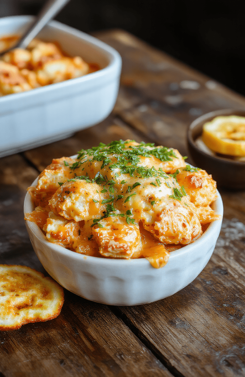 A vibrant casserole dish featuring a creamy buffalo chicken topping, golden bubbly cheese, and chopped fresh parsley on a rustic wooden table, with a side of crispy cauliflower florets and a drizzle of buffalo sauce, styled simply with natural lighting and soft shadows, emphasizing textures and colors.