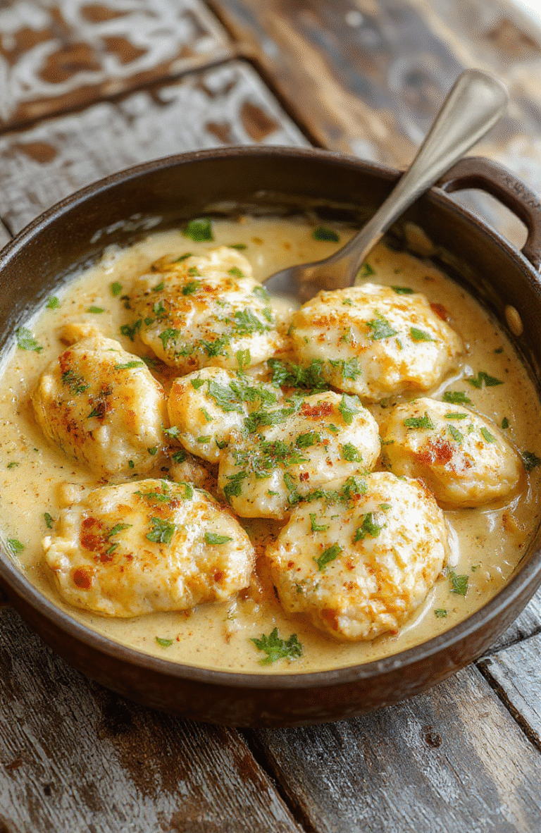 A vibrant skillet featuring tender chicken breasts bathed in a creamy sauce with sliced green pepperoncini peppers, garnished with fresh herbs, colorful and inviting, with a rustic wooden background.