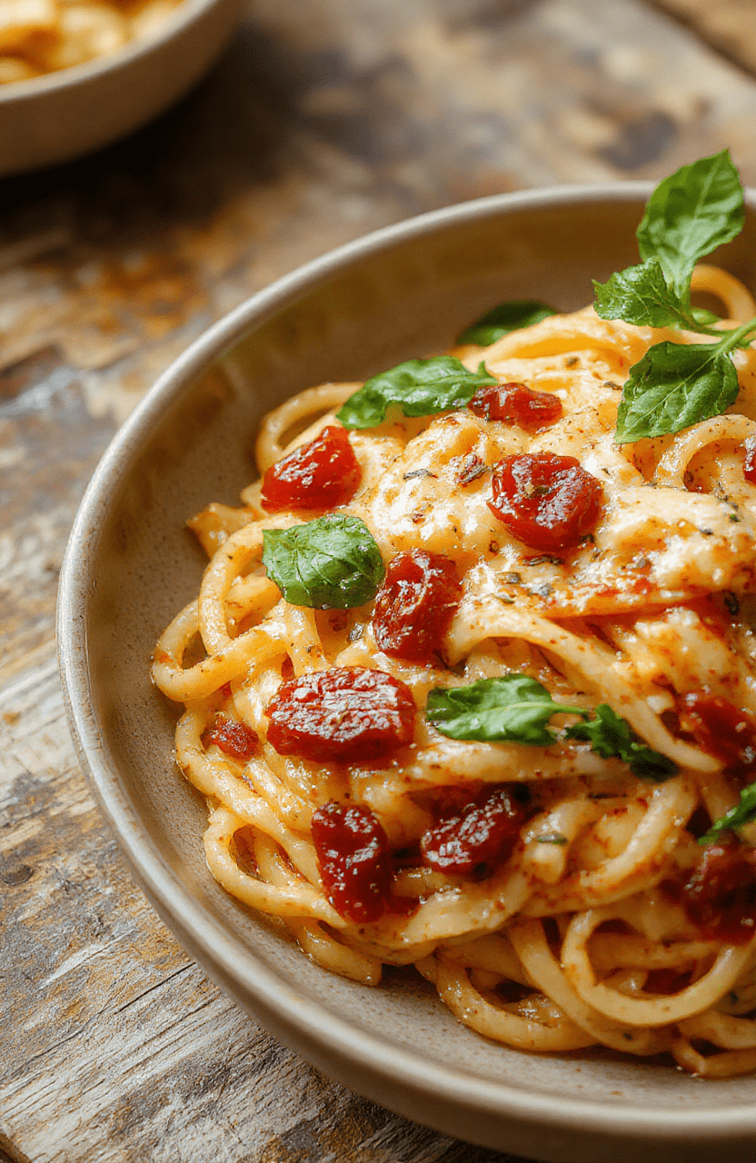 A vibrant plate of creamy sun-dried tomato spaghetti topped with fresh spinach leaves, nestled in a rustic bowl. The pasta is coated in a rich, red sauce with flecks of herbs, contrasted by bright green spinach for a fresh touch. The background features a wooden table with natural light highlighting the glossy texture of the dish and the colorful ingredients, styled simply for an appetizing and inviting presentation.