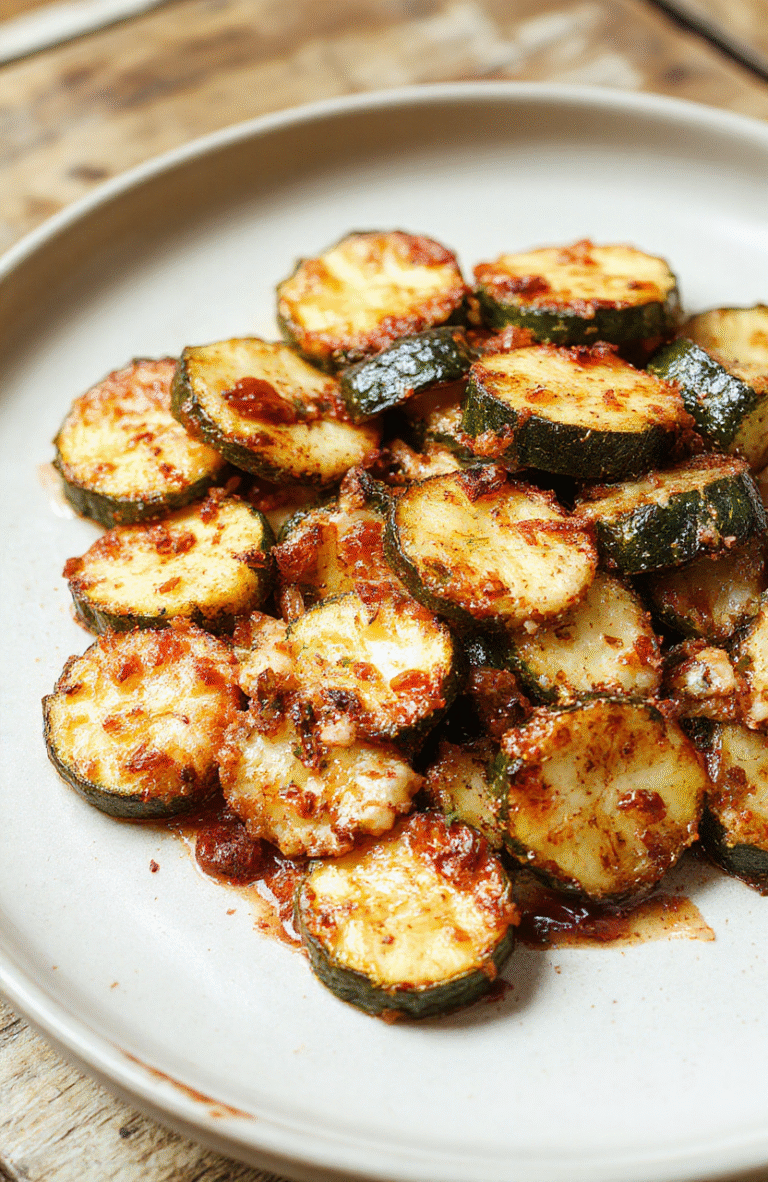 Golden-brown crispy baked zucchini slices topped with melted Parmesan cheese, garnished with fresh herbs on a rustic white plate, colorful and appetizing textures.