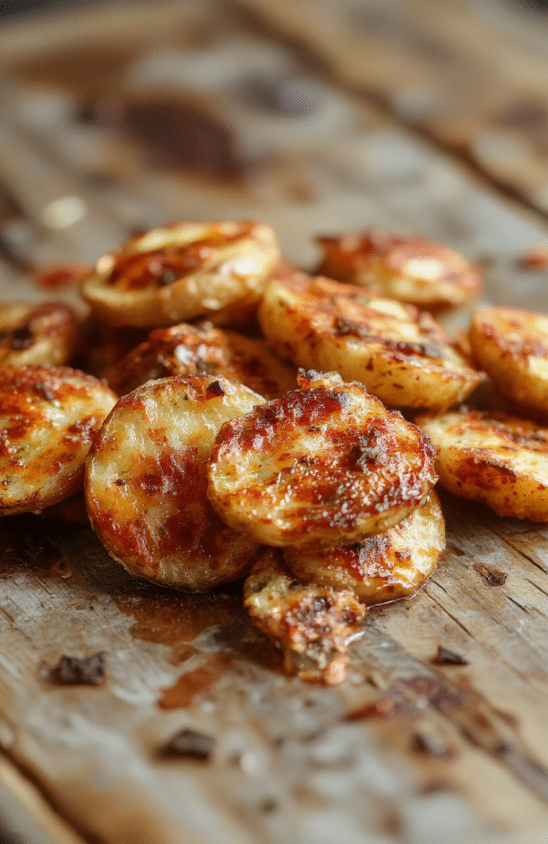 Golden crispy baked potato slices beautifully arranged on a rustic white plate, sprinkled with fresh herbs, with a flaky texture visible and a slight sheen of oil, styled on a wooden table with natural lighting highlighting the textures and colors.