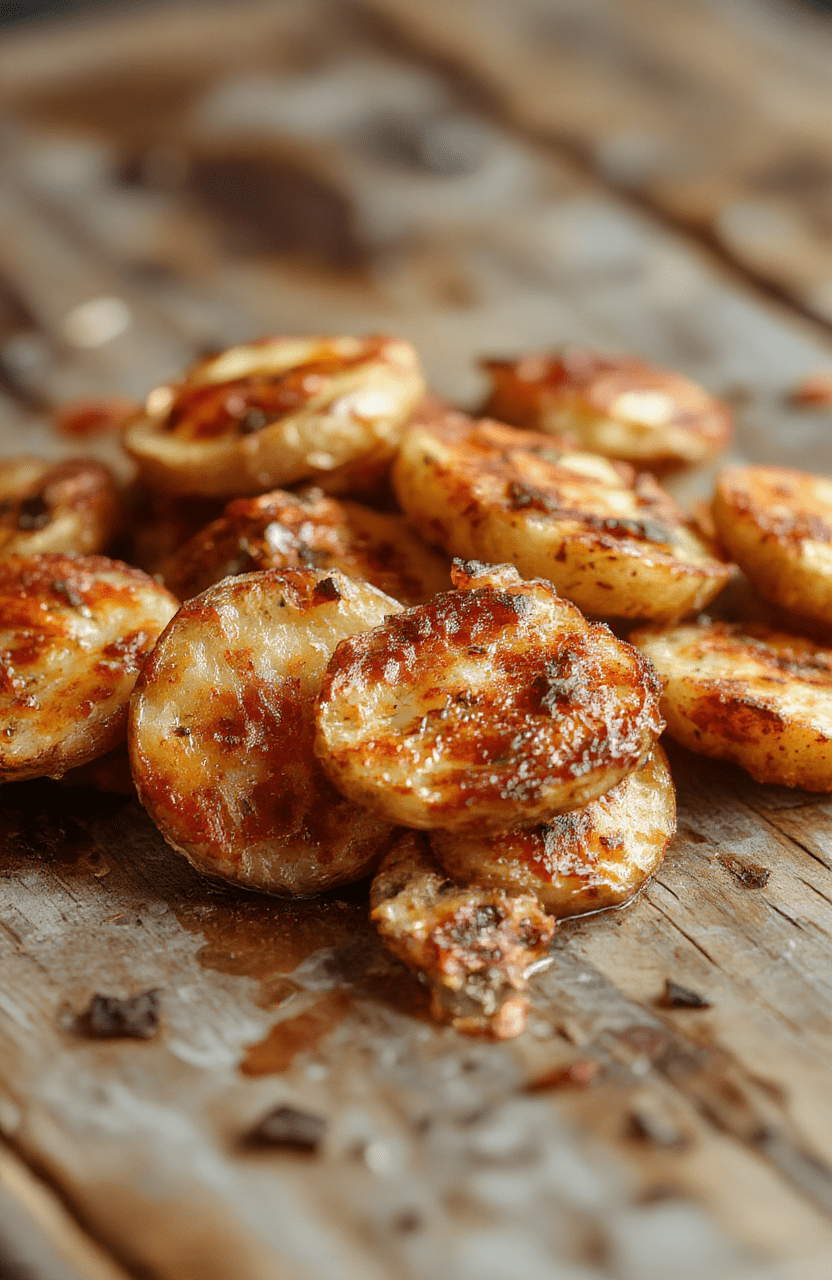 Golden crispy baked potato slices beautifully arranged on a rustic white plate, sprinkled with fresh herbs, with a flaky texture visible and a slight sheen of oil, styled on a wooden table with natural lighting highlighting the textures and colors.