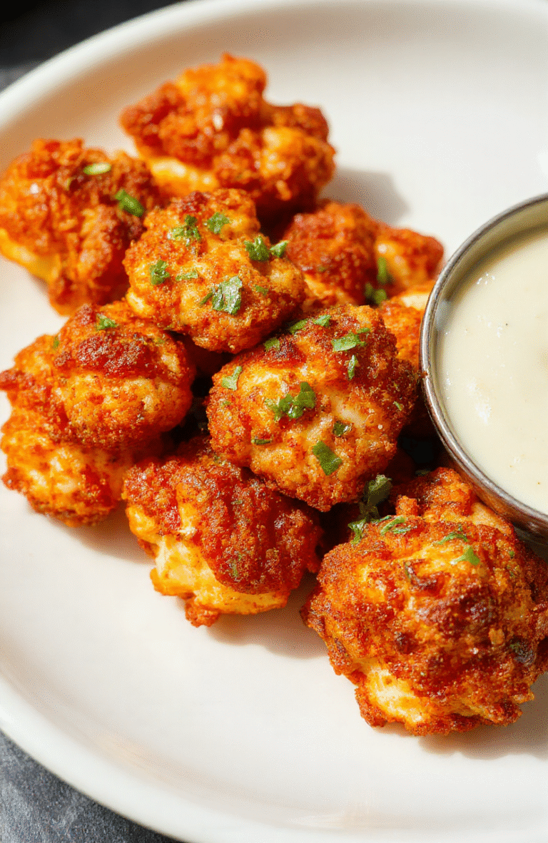 Golden crispy cauliflower florets coated in spicy buffalo sauce, served on a white plate with a vibrant orange hue, garnished with fresh parsley and celery sticks, with a textured background that highlights the crunchy surface and sauce glaze.