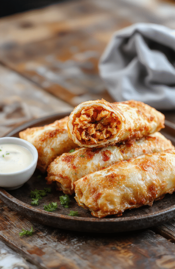 Golden brown Southwest egg rolls arranged on a white plate with fresh avocado slices, salsa, and lime wedges. The crispy exterior shows textured ridges, and the filling peeks through the partially open rolls, showcasing colorful bell peppers, corn, black beans, and melted cheese. Natural lighting highlights the vibrant colors and crispy texture, with a rustic wooden background and subtle garnishes for an inviting presentation.