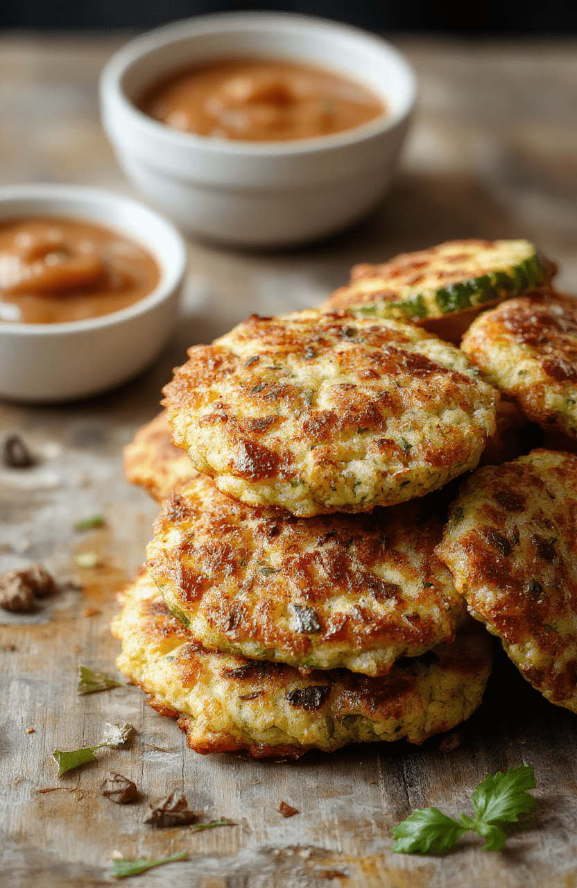 Golden brown crispy zucchini fritters arranged on a white plate, garnished with fresh herbs, with a textured surface showing crunchy edges and tender insides, styled simply with a rustic backdrop.