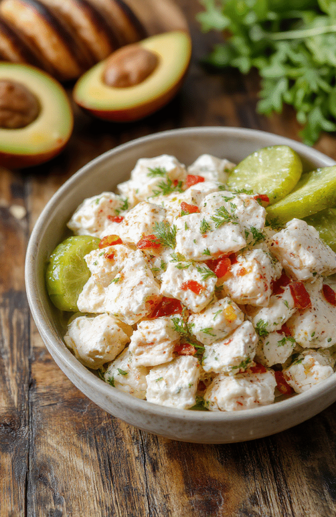 Colorful chicken salad served in a white bowl, featuring shredded chicken, sliced dill pickles, fresh herbs, and a creamy dressing, garnished with dill sprigs, presented on a rustic wooden table, with vibrant textures and appetizing appearance.