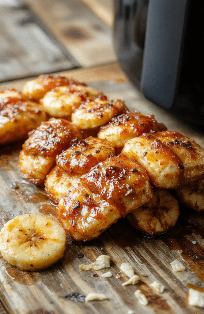 Golden caramelized bananas arranged beautifully on a white plate, with a glossy caramel coating, surrounded by cinnamon powder, styled with fresh mint leaves, with a warm wooden background, emphasizing rich textures and vibrant caramel color, styled for an inviting dessert presentation.