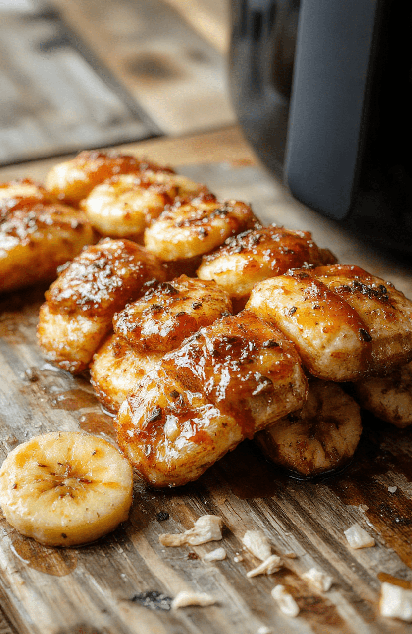 Golden caramelized bananas arranged beautifully on a white plate, with a glossy caramel coating, surrounded by cinnamon powder, styled with fresh mint leaves, with a warm wooden background, emphasizing rich textures and vibrant caramel color, styled for an inviting dessert presentation.