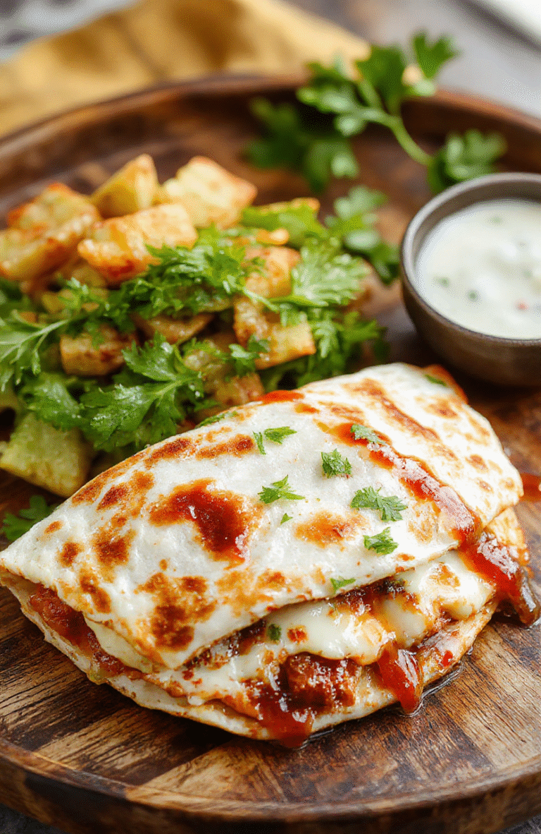 A golden-brown quesadilla filled with shredded BBQ chicken, melted cheese, and chopped green onions, served on a rustic wooden plate with a drizzle of barbecue sauce and fresh cilantro, vibrant colors, textured crust, styled casually for a cozy dinner vibe.