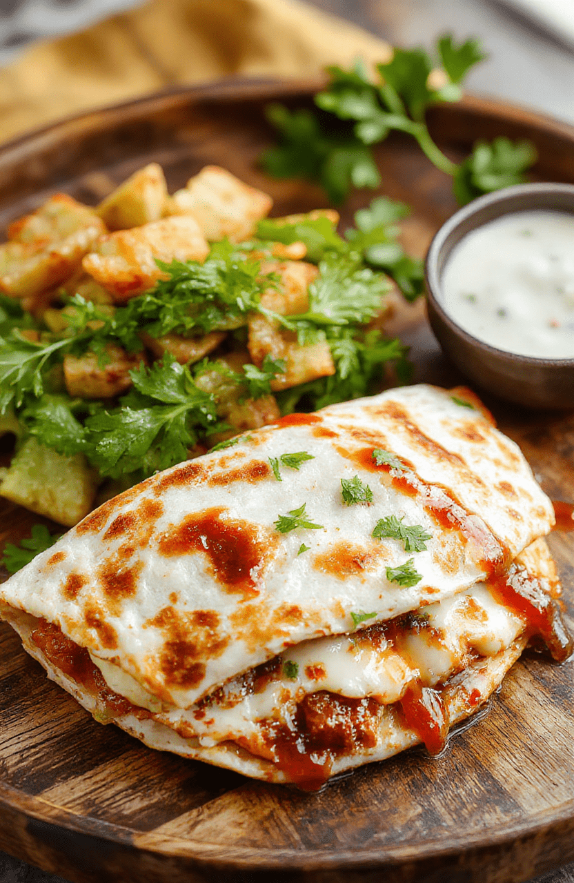 A golden-brown quesadilla filled with shredded BBQ chicken, melted cheese, and chopped green onions, served on a rustic wooden plate with a drizzle of barbecue sauce and fresh cilantro, vibrant colors, textured crust, styled casually for a cozy dinner vibe.