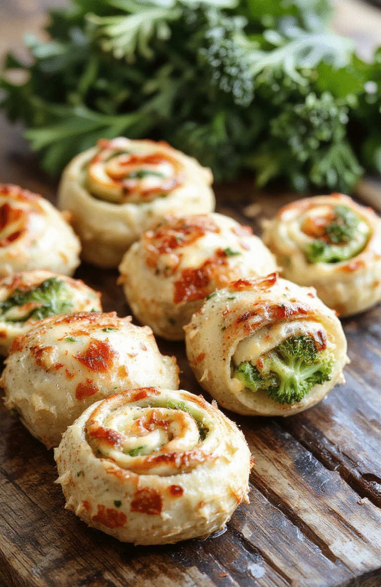 Colorful broccoli and gooey cheese-filled pinwheels arranged on a white plate, showcasing crispy golden edges, vibrant green broccoli bits, melted cheese drizzle, and a rustic wooden background with soft natural lighting.