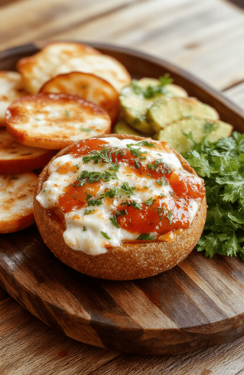 A vibrant bowl of creamy Caprese dip topped with fresh cherry tomatoes, basil leaves, and melted mozzarella, served on a rustic wooden platter with a drizzle of balsamic glaze, emphasizing bright red, green, and white colors, textured toppings, and inviting presentation.