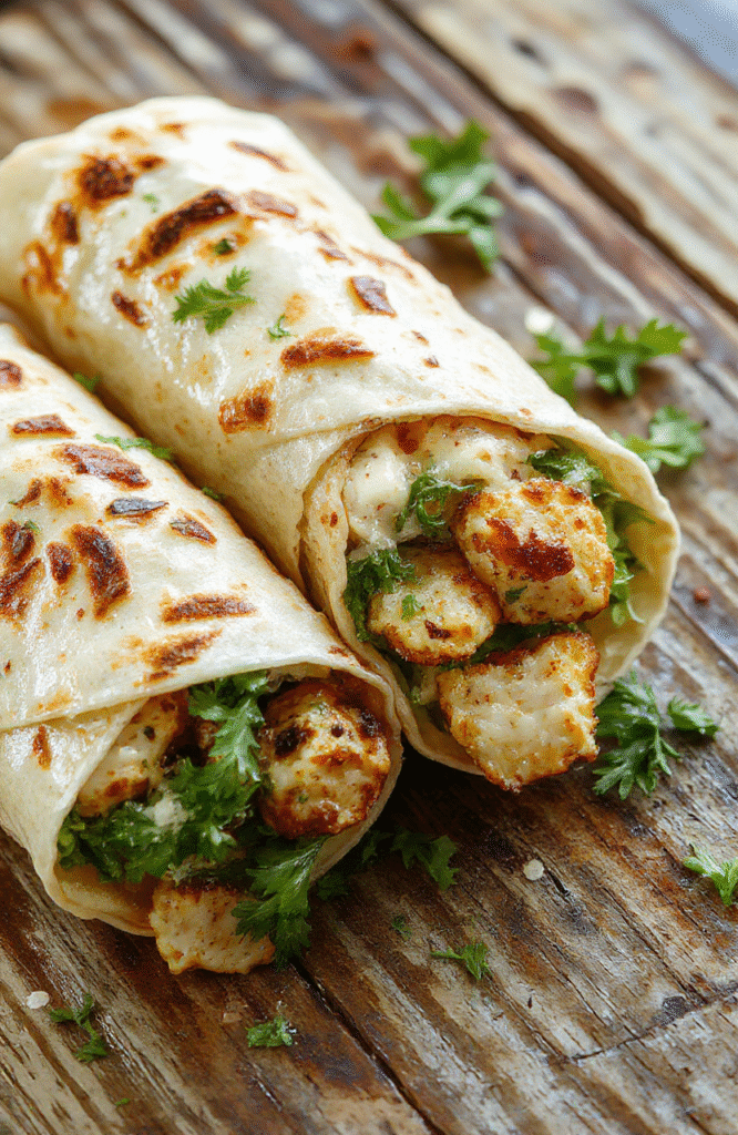 A vibrant Caesar chicken wrap sliced open to showcase fresh romaine lettuce, grilled chicken strips, creamy Caesar dressing, and shredded cheese wrapped in a golden tortilla, all arranged on a rustic wooden surface with a light background, emphasizing textures and colors.