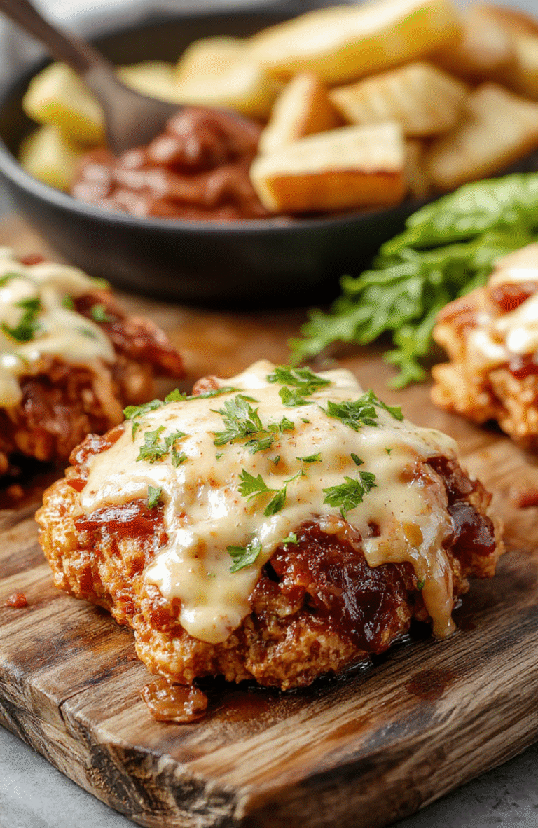 A golden-brown chicken breast topped with melted cheddar cheese, crispy bacon slices, and BBQ sauce, garnished with chopped green onions, served on a rustic wooden platter with a side of fresh greens and vibrant colorful vegetables, showcasing a hearty, cheesy, smoky dish with luscious textures and appealing presentation.