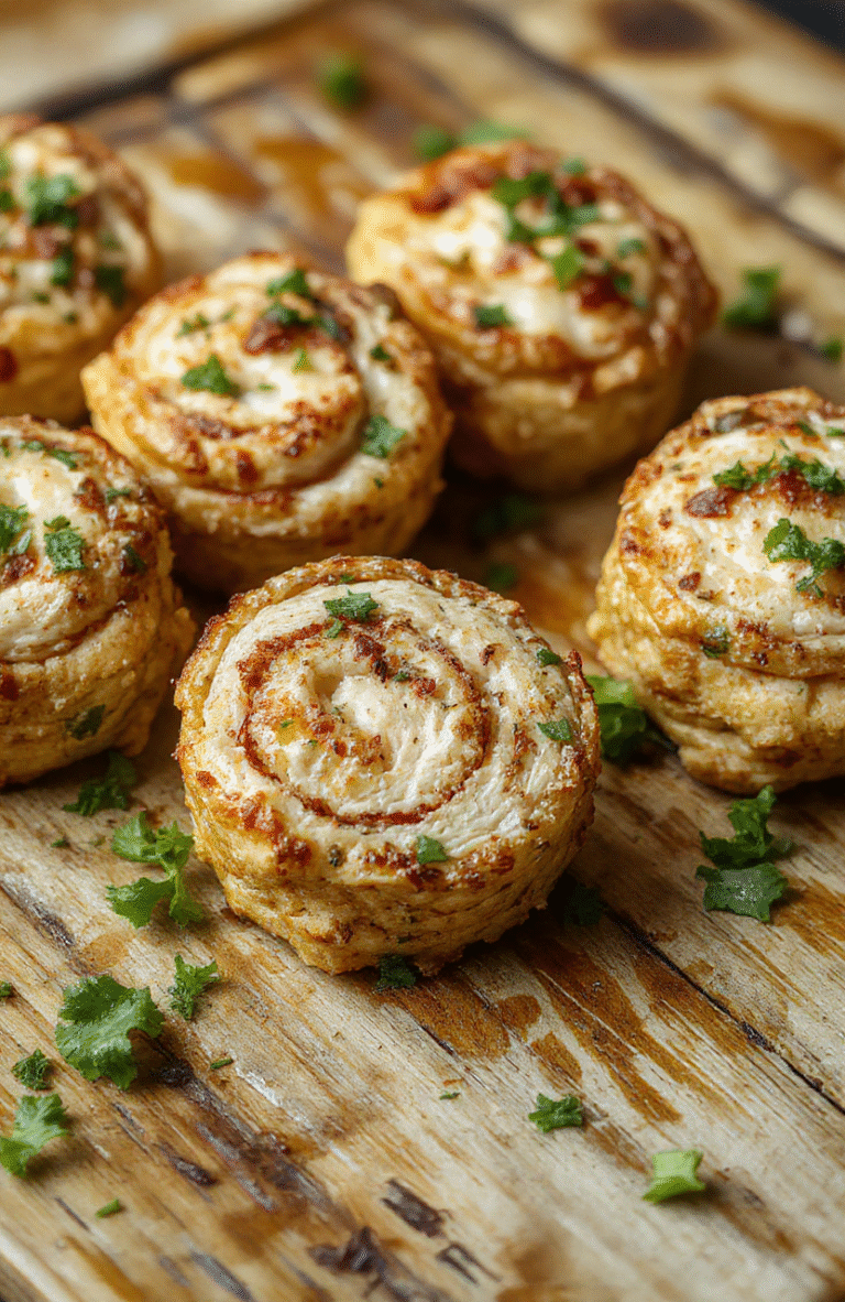 Colorful crispy crack chicken pinwheels arranged on a white plate, showcasing golden flaky layers with melted cheese and shredded chicken filling, garnished with fresh herbs, styled with a rustic wooden background for a cozy, homemade feel.
