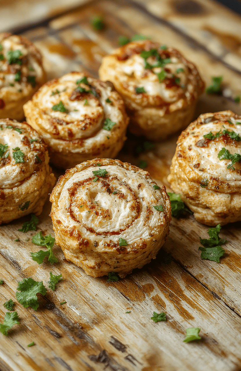 Colorful crispy crack chicken pinwheels arranged on a white plate, showcasing golden flaky layers with melted cheese and shredded chicken filling, garnished with fresh herbs, styled with a rustic wooden background for a cozy, homemade feel.