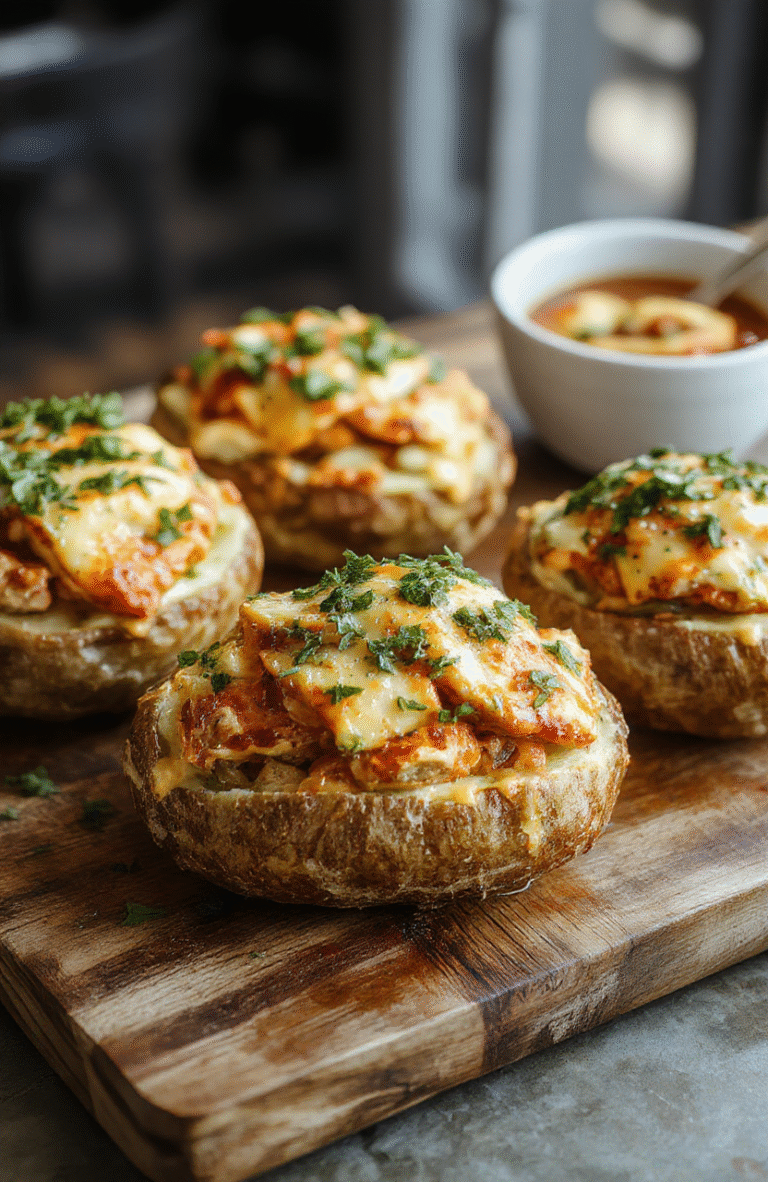 A close-up of golden-brown baked potatoes split open and generously stuffed with creamy crack chicken, topped with shredded cheese, chopped green onions, and a drizzle of sauce. The potatoes are on a rustic wooden board with a colorful background and soft natural lighting highlighting the textures and vibrant colors of the dish.