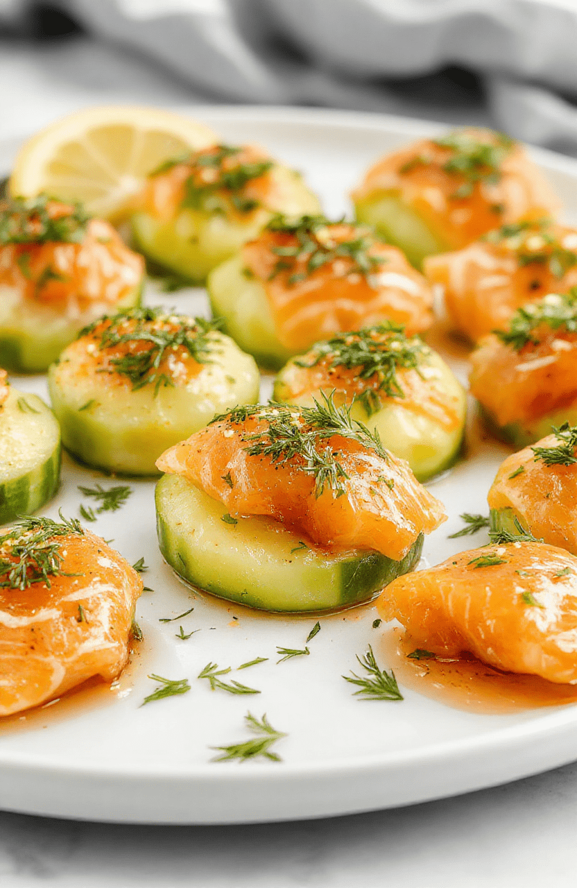 A close-up view of elegant cucumber slices topped with thin smoked salmon ribbons, creamy dollops of cheese, fresh dill, and lemon zest, arranged neatly on a white platter with a background of soft pastel colors and a blurred party setting.