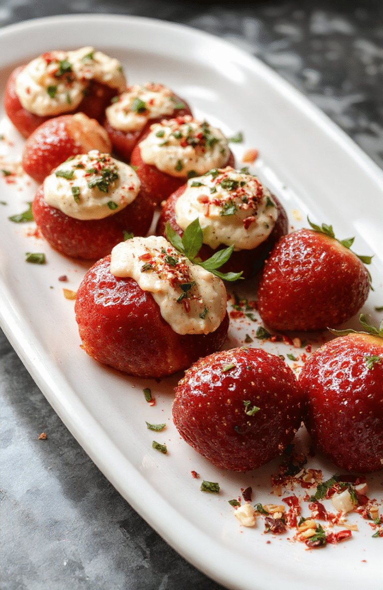 Bright red fresh strawberries halved and filled with creamy white deviled filling, garnished with sprinkles and herbs, artistically arranged on a white platter with a blurred background, vibrant colors, appealing textures.