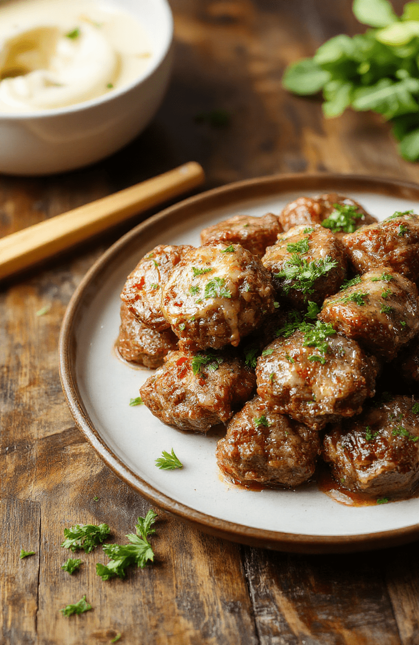 A vibrant plate of golden-brown beef bites glazed with garlic butter, garnished with fresh herbs, on a rustic wooden table, with a background of blurred vegetables and utensils, showcasing a crispy exterior and tender interior with a rich, glossy sauce.