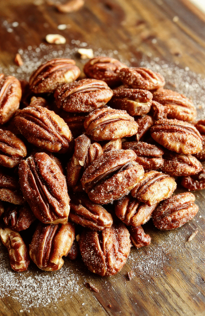 Golden brown cinnamon sugar pecans arranged on a rustic wooden plate with a light sprinkle of cinnamon, a soft-focus background of cozy kitchen setting, highlighting their glossy, caramelized coating and crunchy texture.