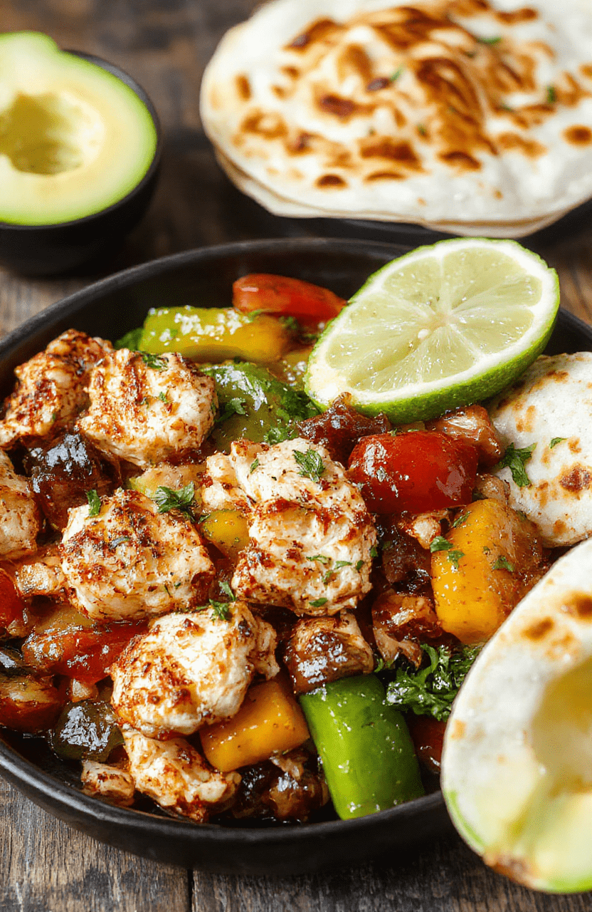 A colorful plate of sizzling chicken fajitas with bright red and green bell peppers and onions on a rustic wooden table, garnished with fresh cilantro, with a side of warm tortillas and lime wedges, all beautifully arranged to showcase the vibrant textures and inviting presentation.